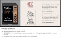 Spend over $99 get a free 128GB Lexar SD card and free shipping