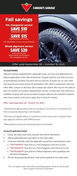 Coupon Code: Save up to $20 on tire changeover and wheel alignment at Canadian Tire.