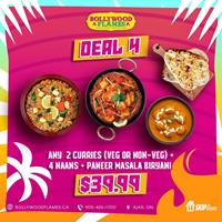 Any 2 Curries (Veg or Non-Veg), 4 Naans, and our house special Paneer Masala Biryani for $39.99 at Bollywood Flames