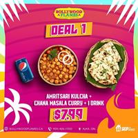 Amritsari Kulcha and Chana Masala Curry with your choice of soft drink $7.99 at Bollywood Flames